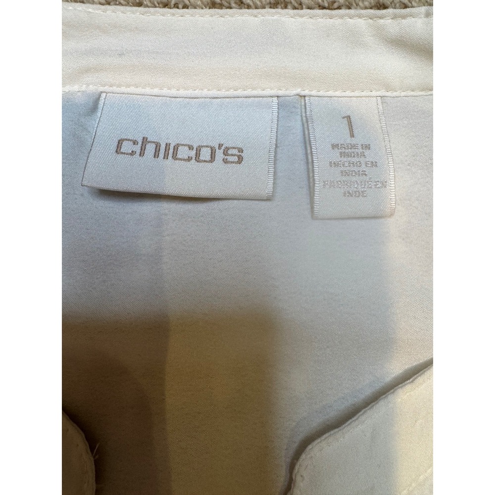 Chico's Sz 1 White Embellished Shoulder Blouse Rhinestone Tunic Top Long Sleeve - Picture 3 of 8